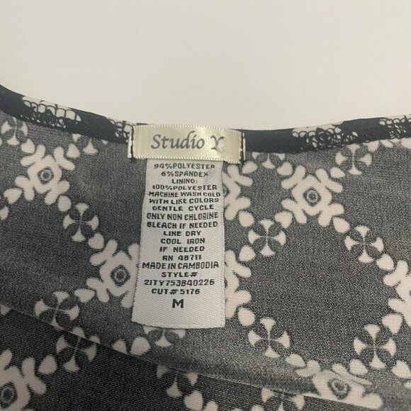 Studio Y Black White Stretchy Waist Tie Short Sleeve Blouse Size Medium M - Picture 7 of 7